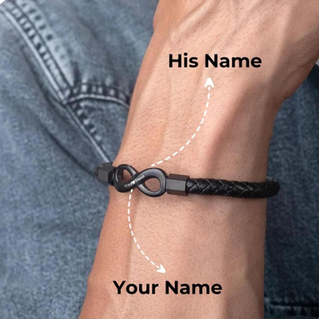 To My Man,Personalized Dual Name Infinity Leather Bracelet,Custom Name Stainless Steel Bracelet Valentine Christmas Gift for Him