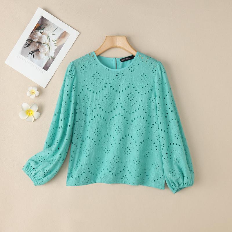 ZANZEA Women Casual Round Neck Long Sleeve Patchwork Lace Crochet Blouse