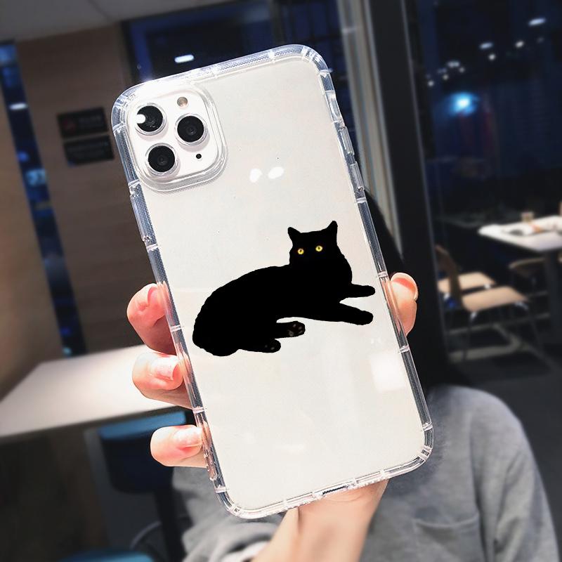 Hot Cartoon Coffee Black Cat Phone Case For iPhone 14 15 16 Pro Max 13 11 12 Mini X XR 7 8Plus Shockproof Clear Soft Cover Shell