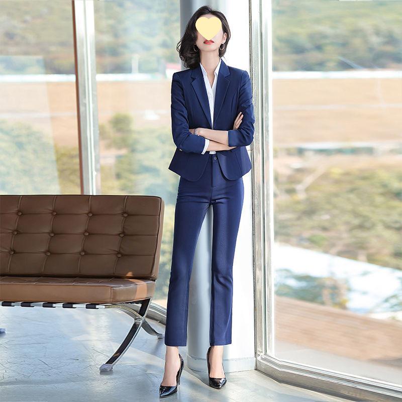 Korean Style Women's Blue Office Suit - Professional Spring/Autumn Wear