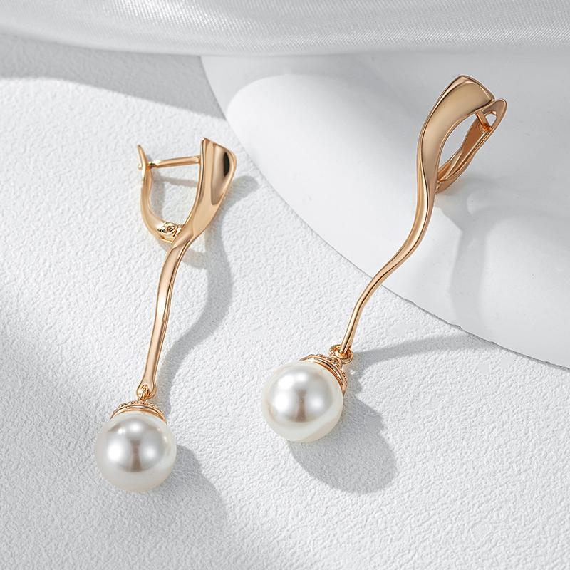 Unique Geometric Glossy Long Pearl Drop Earrings For Women Luxury  Rose Gold Color Accessories Party Daily Fine Jewelry