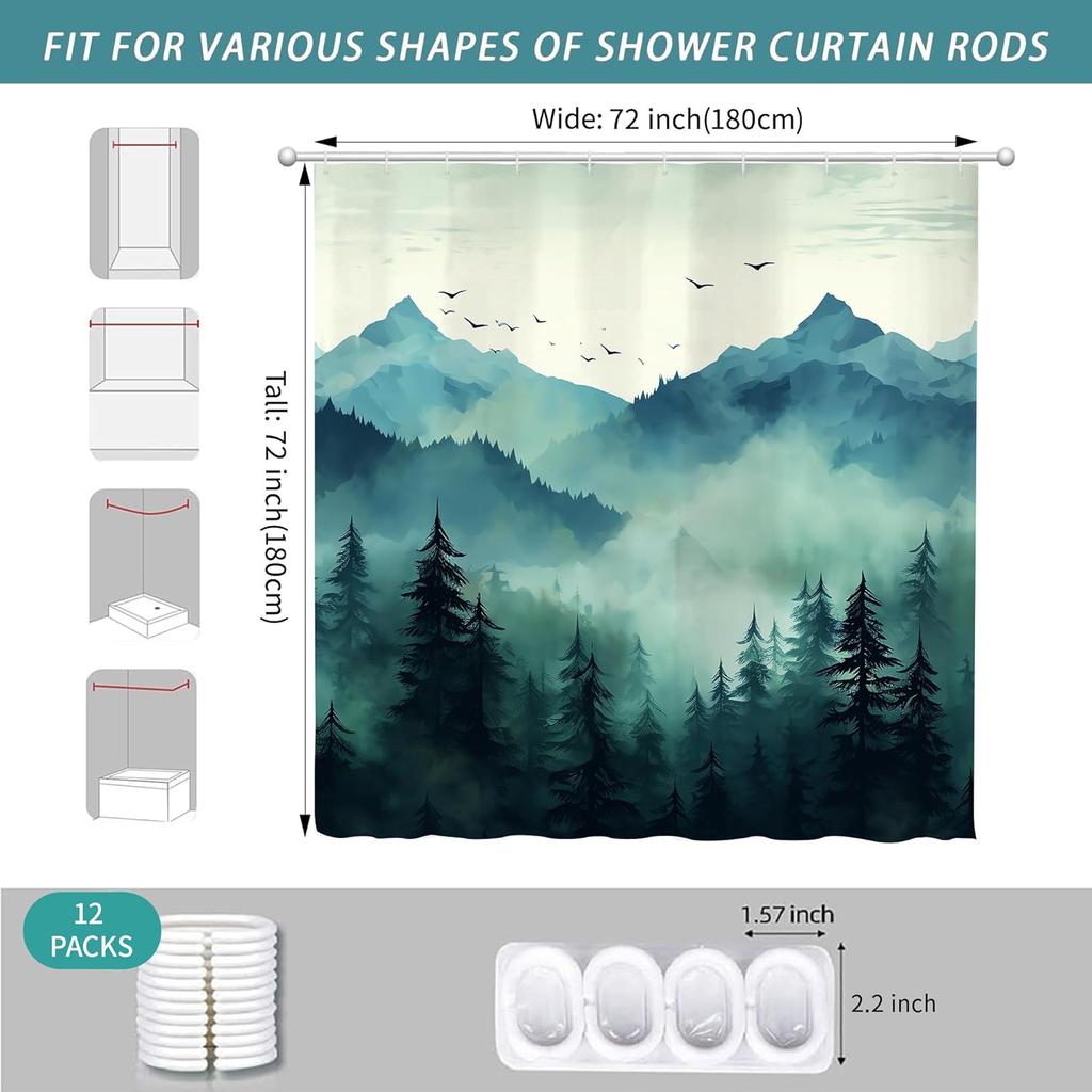 Mountain Forest Shower Curtain Misty Landscape Pine Trees Birds Scene Nature Art Bath Decor Waterproof Fabric Home Accessories