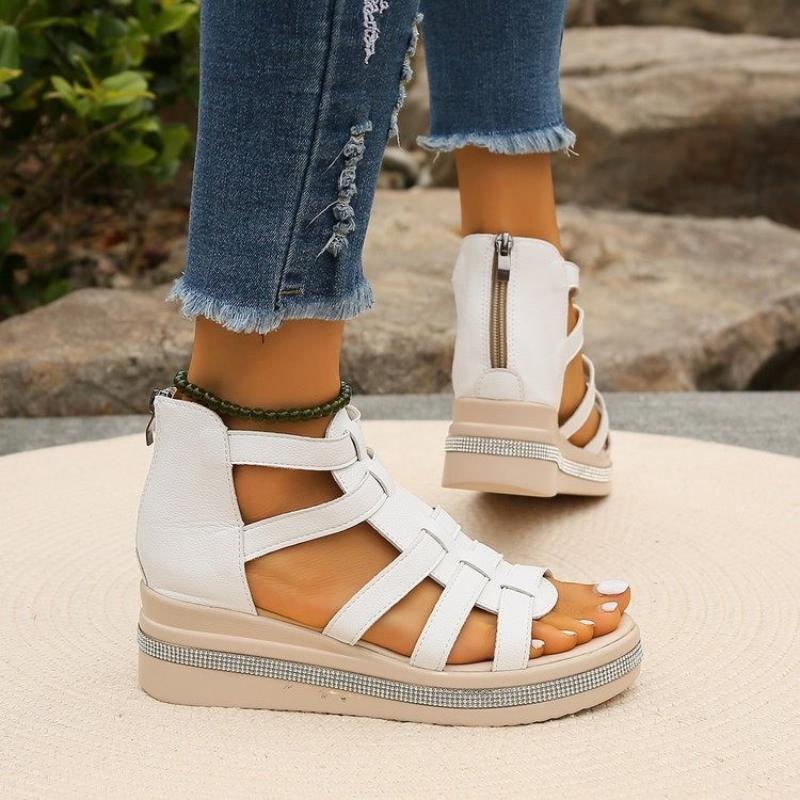 2024 Summer Women's Shoes Fashion Solid Color Multi Strap Combination Thick Bottom Zipper Water Diamond Design Cool Slippers