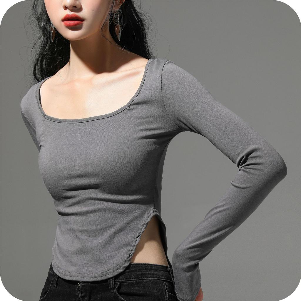 Q New Round Neck T-shirt Women Slit Bottom Circular Design Sense of The Public Bare Collarbone Slim Top Base Shirt