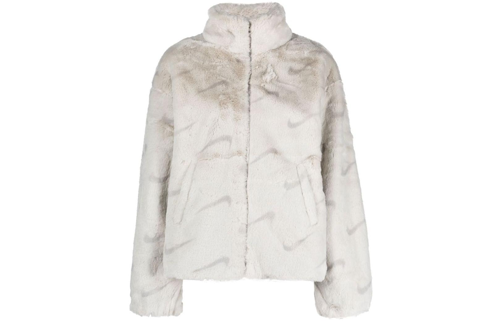 Nike Women s Plush Printed Faux Fur Jacket Light Bone DQ6842-072 XL