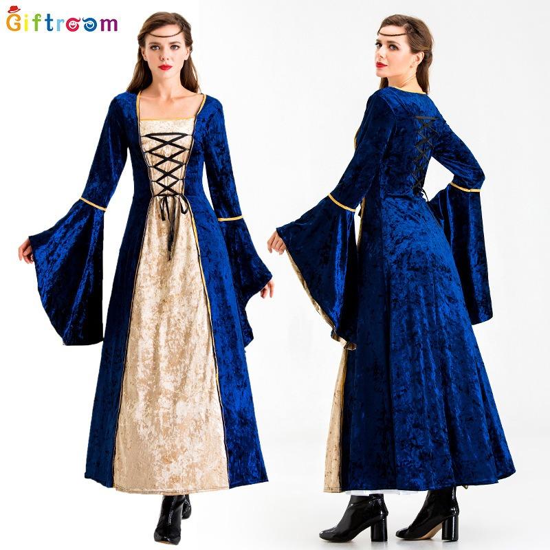 Vintage Halloween Christmas Court Costume Adult Female Golden Velvet Dress Gorgeous Noble Strap Dress Dress