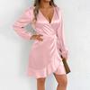 Women Satin Royal Blue Wrap V Neck Ruffle Hem Long Sleeve Mini Dress