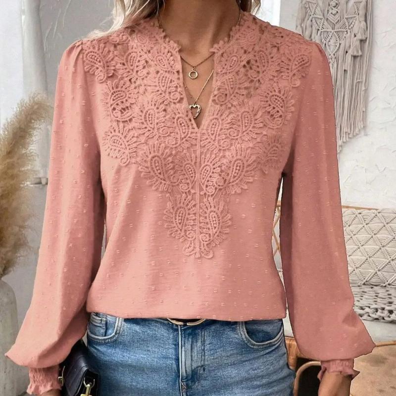 Mote Ny V-hals Blonder Patchwork Langermet Casual Skjorte Dame Topper Elegant Slim Fit Hul Løs Bluser Dame Vintage Street Hvite Skjorter 26625