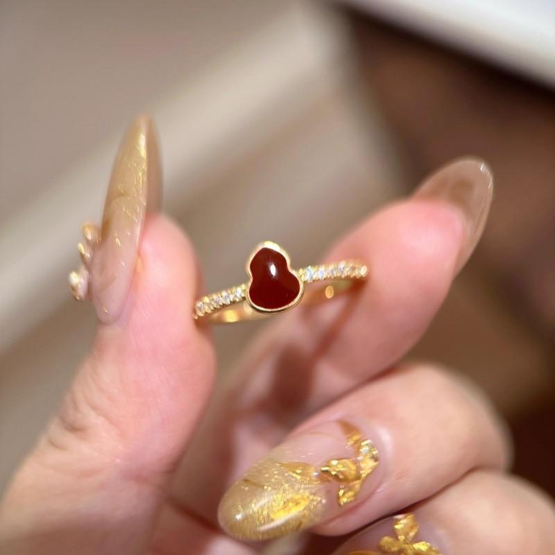 Exquisite Niche Design French Red Calabash Flower Adjustable Ring for Women