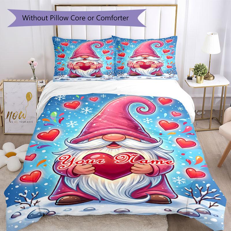 3PC Custom Name Gnome Heart Snow Bedding Set Duvet Cover Closure Includes 1 Duvet Cover & 2 Pillowcases for Bedroom