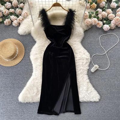 Chic Sexy Feste Split Slip Kleid Sexy Off Schulter Elegante Abend Party Robe Frauen Vintage Hüfte Wrap Zeremonielle Kleid