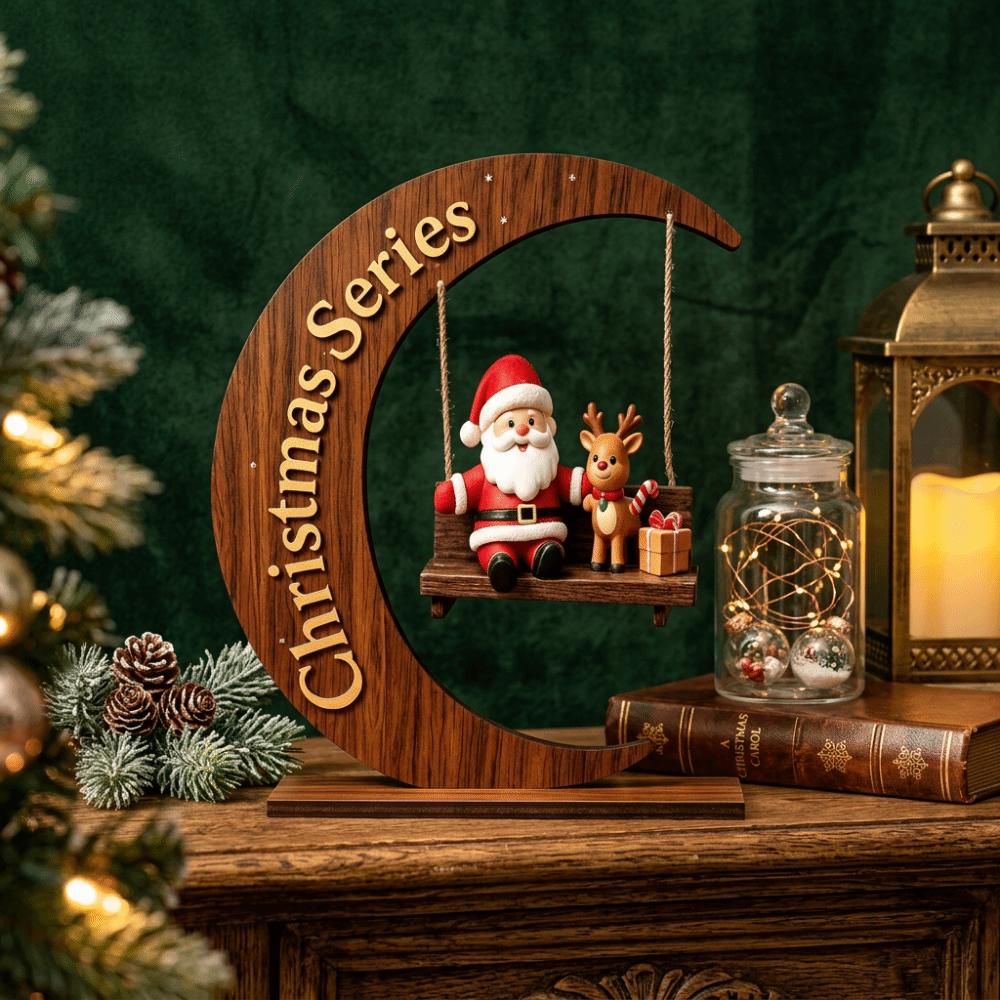 Wooden Christmas Ornaments Moon Shape Christmas Decoration Santa Claus Ornament  For Office