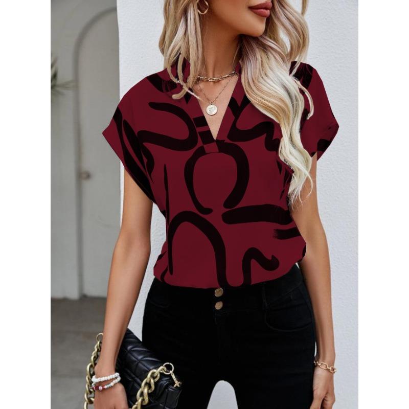 Chemise d'été pour femme Manches chauve-souris Hauts Dame Élégant Simple Imprimé Décontracté Chemisier pour femme Nouvelle Mode Vacances à la plage Lâche Vêtements féminins