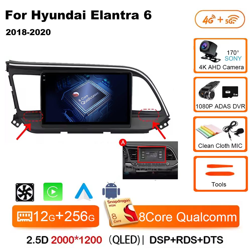 For Hyundai Elantra 6 2018 2019 2020 Car Radio Multimedia Video GPS Android 14 Wireless Apple Carplay QLED Screen Head Unit