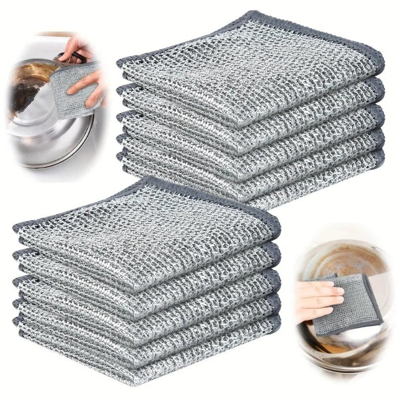 10pcs Magic Dishcloth Silver Wire Cleaning Kitchen Cloth Thickened Microfiber Wash Towel Built-in Sponge Steel Wire Ball Rag