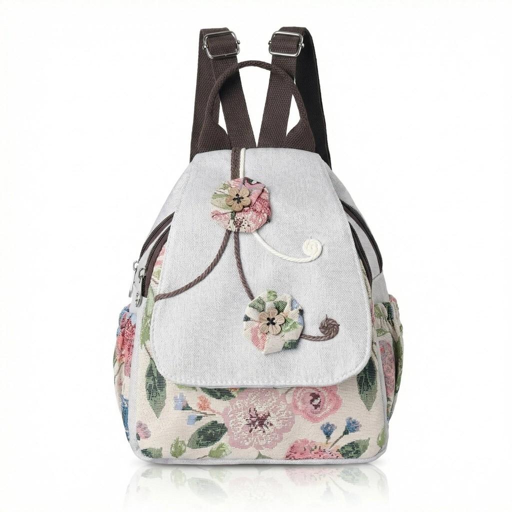 Ethnic Embroidered Canvas Backpack For Women With Floral Design And 15in Laptop Storage For Casual Travel And School