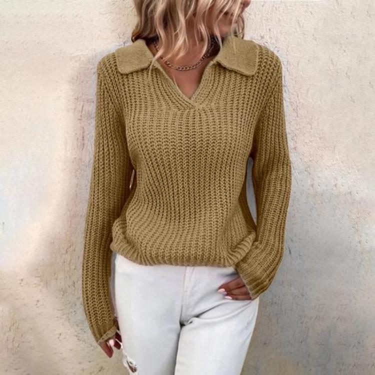 Women Slim Turn Down Collar Long Sleeve Solid Color Knitted Sweater Jumper Autumn Winter Female Clothing