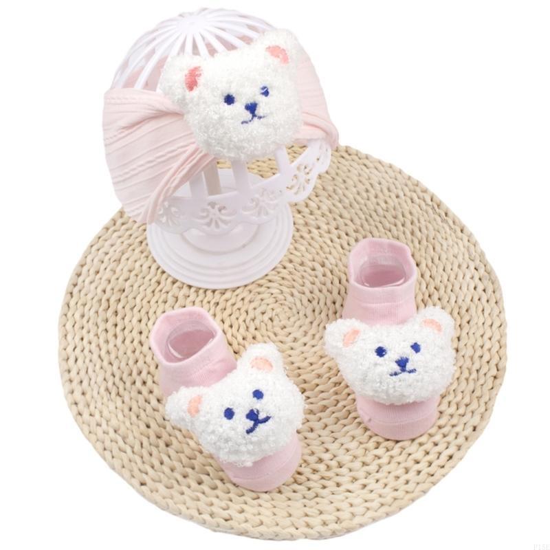 

P15E 2Pcs Baby Girls Headband & Socks Set Newborns Cartoon Floor Socks Toddlers Infant Hair Adorments with Walking Socks