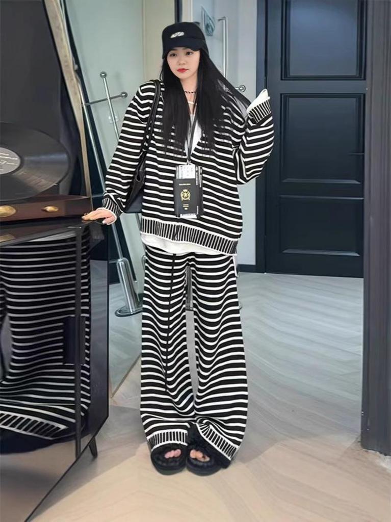 Autumn-Winter Korean Style Casual Striped Sweater & Wide-Leg Pants Set