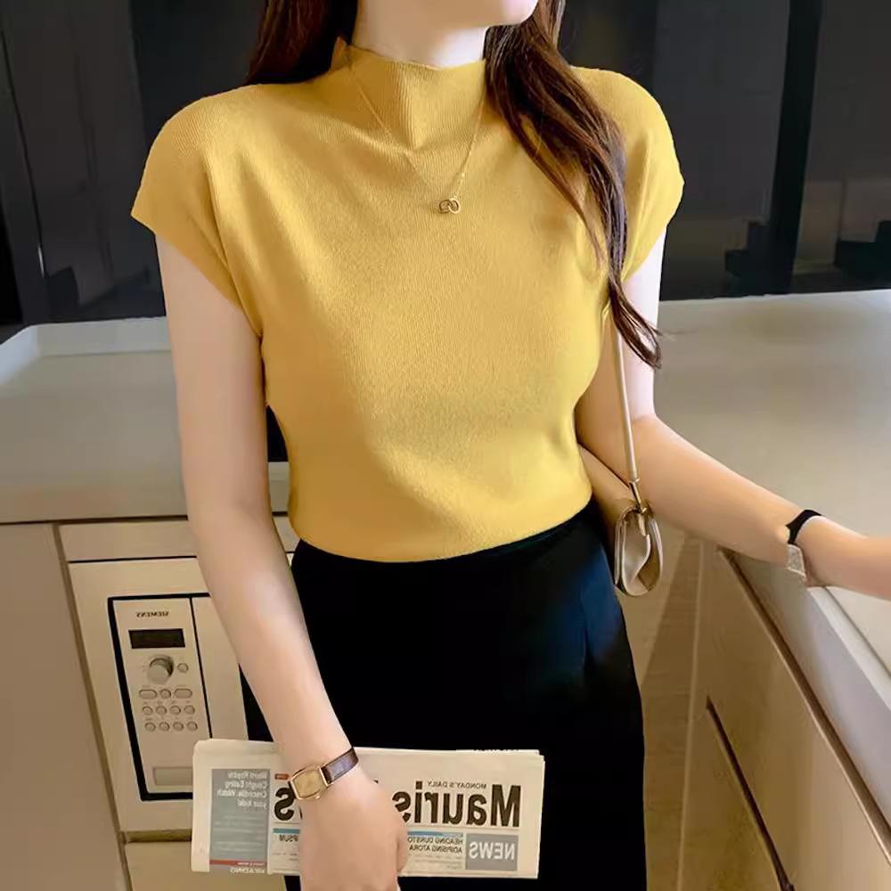 2025 Women's Black Ice Silk Semi-High Neck Short Sleeve Knitted T-Shirt