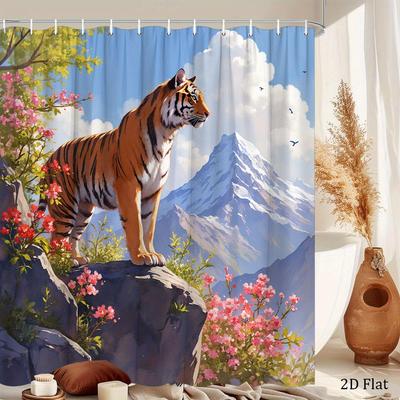 Cortina de Chuveiro Tigre de Bengala Estampa de Paisagem de Montanha com Flores Cortina de Banho de Poliéster com Ganchos para Decoração de Natureza