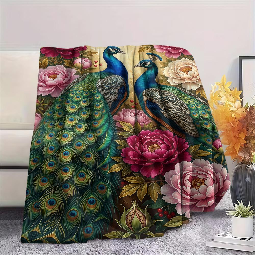 1PC Peacocks and Plants  Print FlAannel Blanket, High quality Comfortable for All Seasons, Home Decor, Warmth and Comfort
