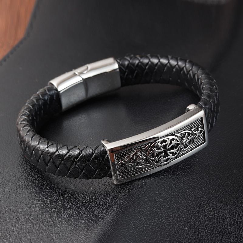 Black Color Cross Pattern Alloy Buckle Genuine Leather Bracelet For Men Stainless Steel Fine Jewelry Sculpture Bracelet