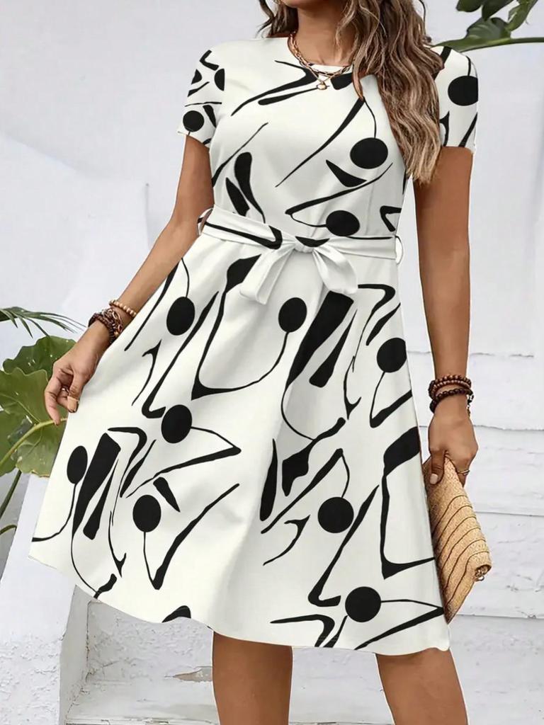 2026 Women's Casual Printed Belted Dress, European & American Summer Bestseller