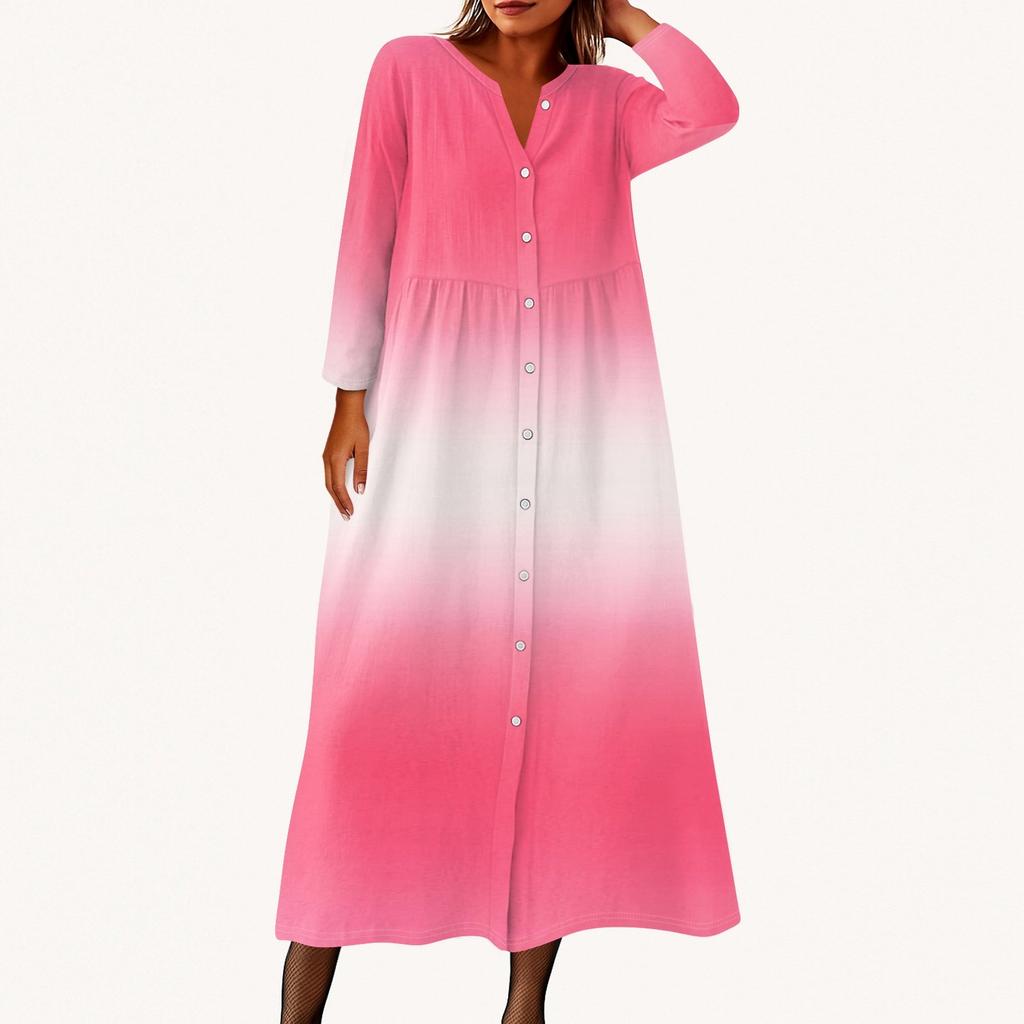 Damen Modisches Bedrucktes Rundhals Siebenviertelarm Knopf Lockeres Hemdkleid