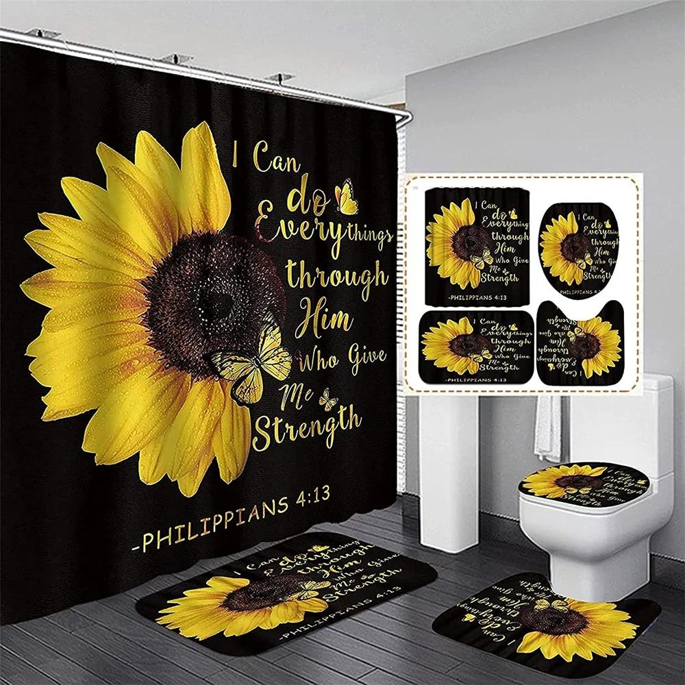 Magic Sunflower Butterfly Shower Curtain Sets Black Yellow Art Country Flower Bathroom Decor Curtains Bath Mats Rug Toilet Cover