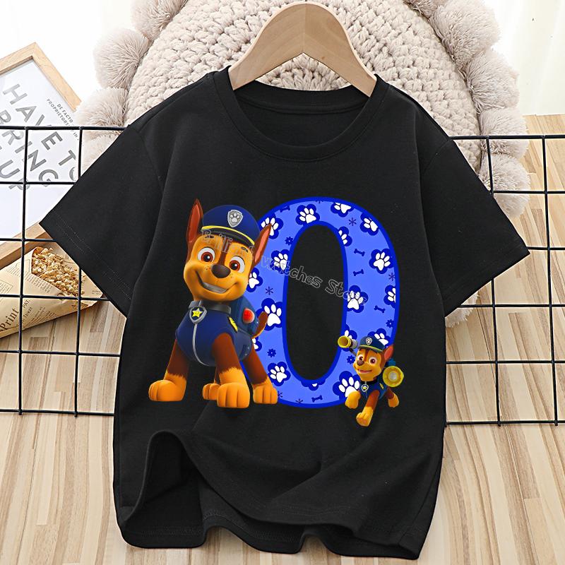 Paw Patrol Chase T-shirt for Children Cartoon Letter A-Z Tee Top Kawaii Round Collar Clothes Fashion Kids Black Clothing Gift