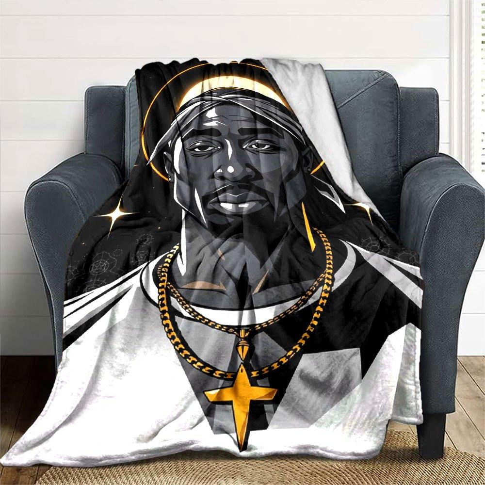 1pc 2PacHip Hop Blanket Soft Lightweight All Season Multi Purpose Throw for Sofa, Bed, Office & Picnics, French Style with Iconic Album Art & Quotes