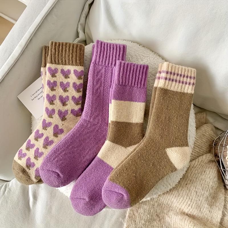 

4 Pairs Women s Thermal Mid-Calf Socks - Color Block & Purple Heart Patterns, Soft Terrycloth Fabric for Warmth, Cozy Winter Fall Casual Wear One-size