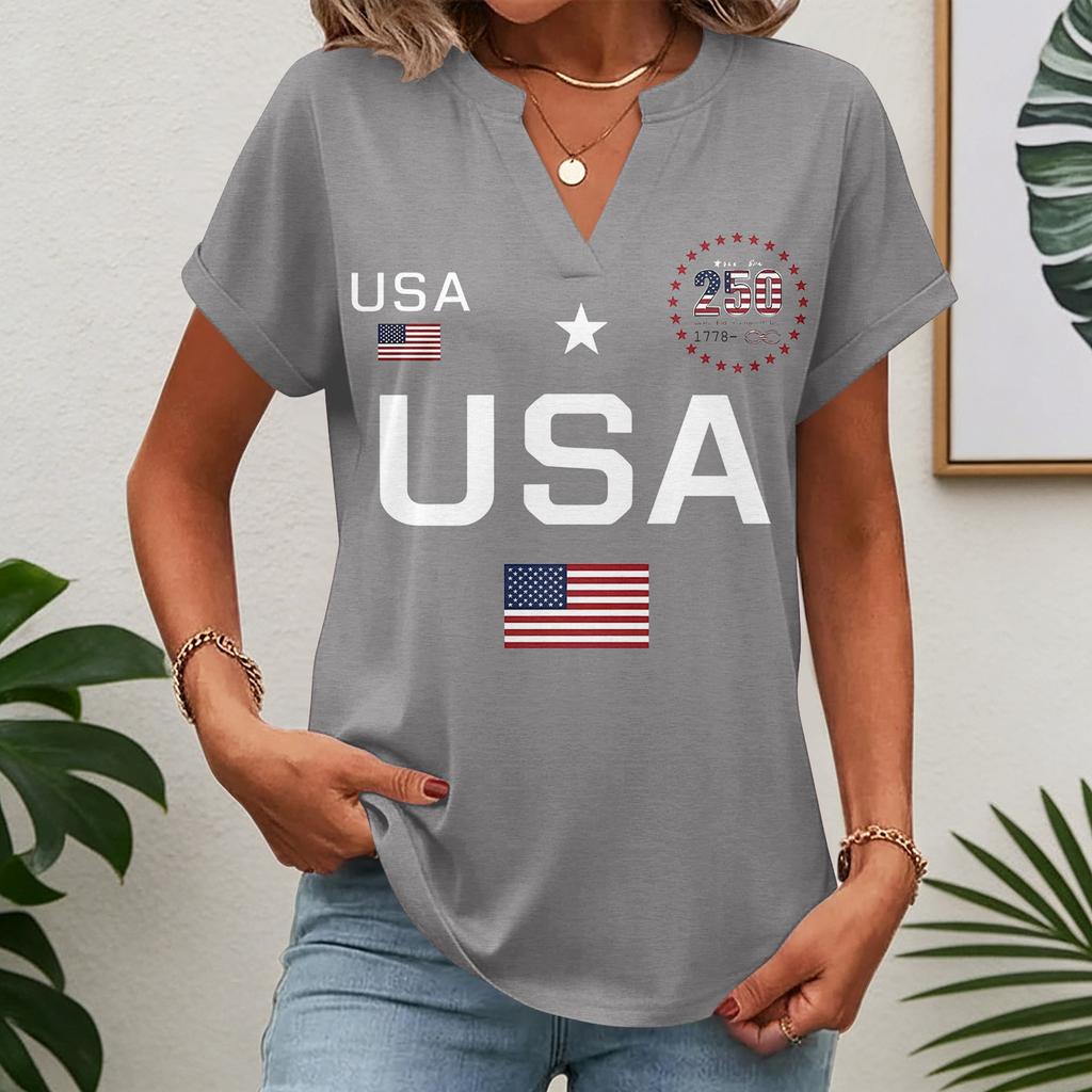 Womens Spring Tops USA Letter Print Summer Shirts for Women Casual V Neck Womens Summer Shirts Short Sleeve Tee