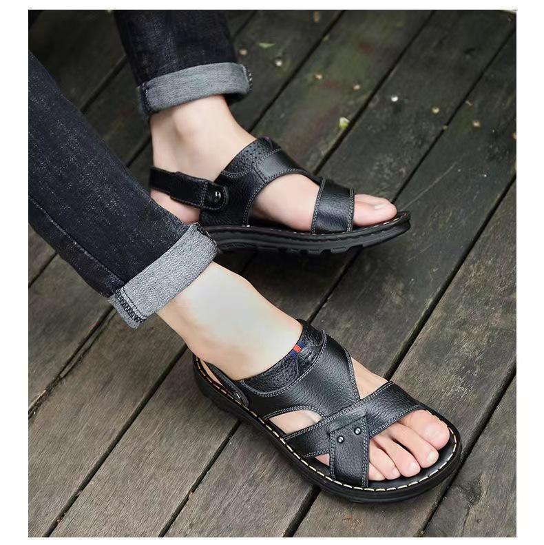 Men's Genuine Leather Casual Sandals - Versatile, Non-Slip, Perforated with Thick Sole for Outdoor & Beach Use