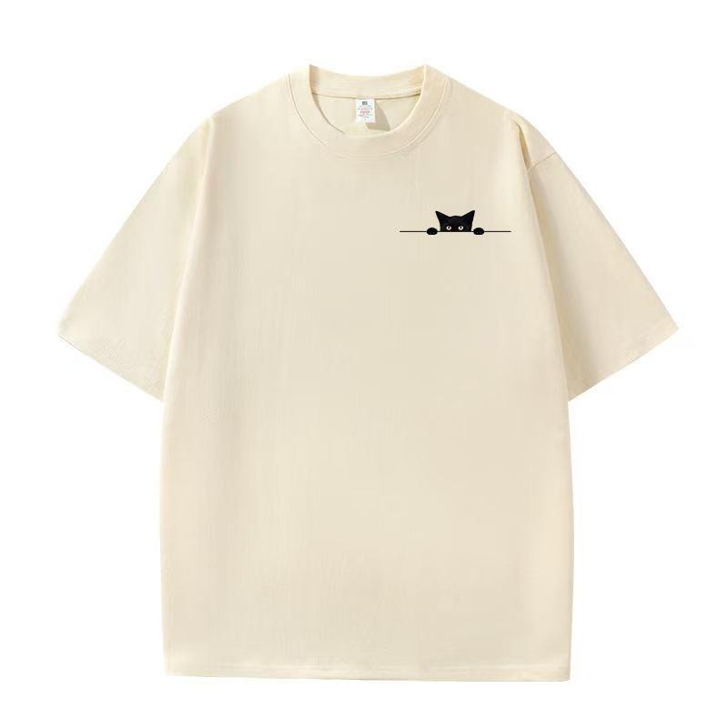 Summer New Tops American Trends Peek Kitten Print Loose Round Neck Men and Women Couple Cotton Short-sleeved T-shirt
