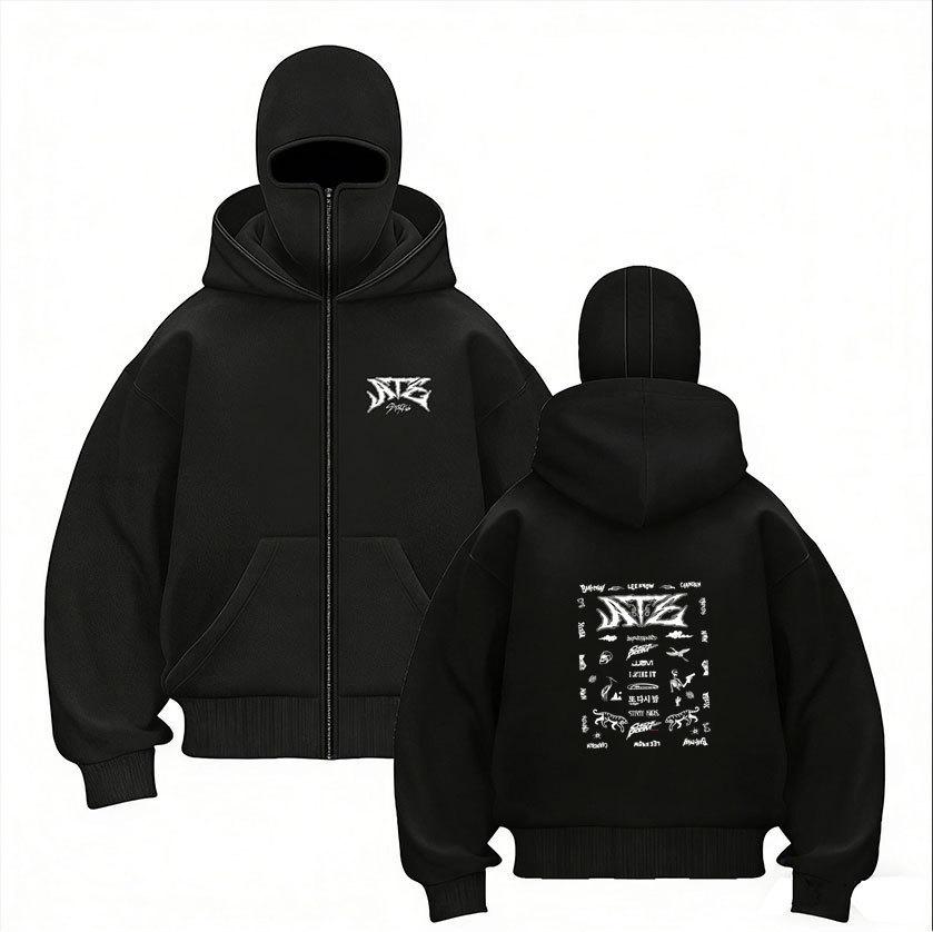 Stray Kids Skz Harajuku Printed Stray Kids Double Hood Zip-Up, Harajuku Print SKZ Hoodie for STAY Two-hat Zip-up Shirt for Men and Women