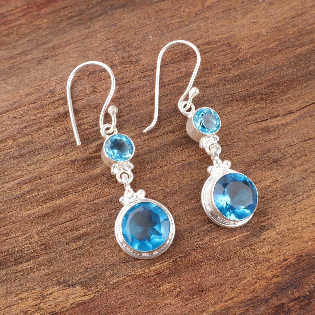Swiss Blue Topaz Gemstone Earrings 925 Solid Silver Handmade Jewelry For Bridal EE-160-4