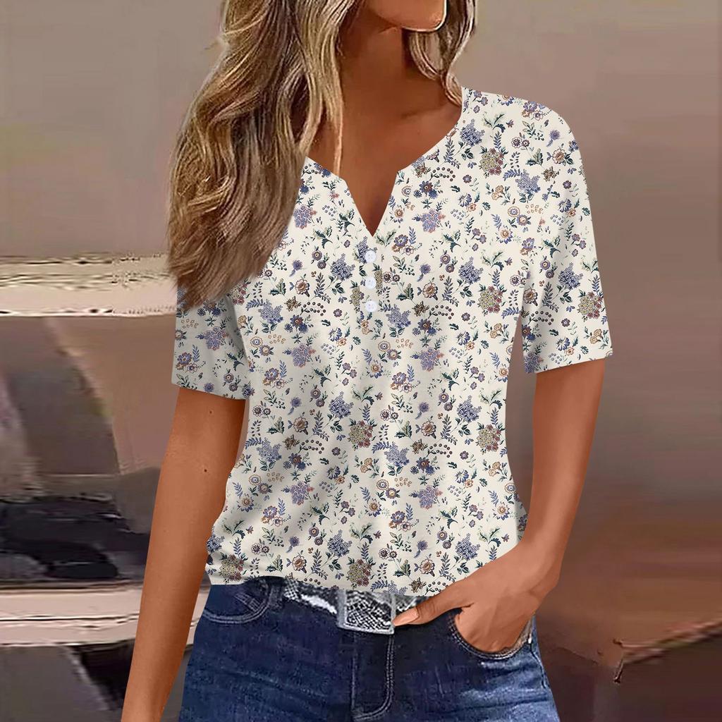 Damen-T-Shirt, T-Shirt, bedruckt, Knopfleiste, kurzärmelig, für den Alltag, Wochenende, modisch, Basic, V-Ausschnitt, normales Oberteil