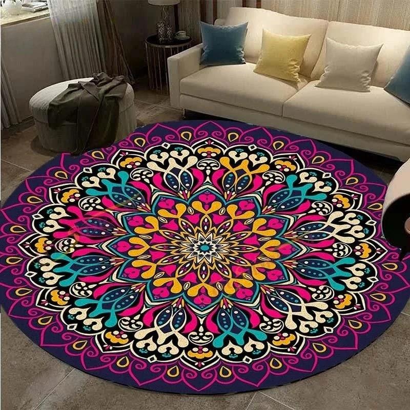 Round Carpet Retro Mandala Geometric Flower Pattern Rug Living Room Bedroom Cloak Non Slip Mat Home Decoration