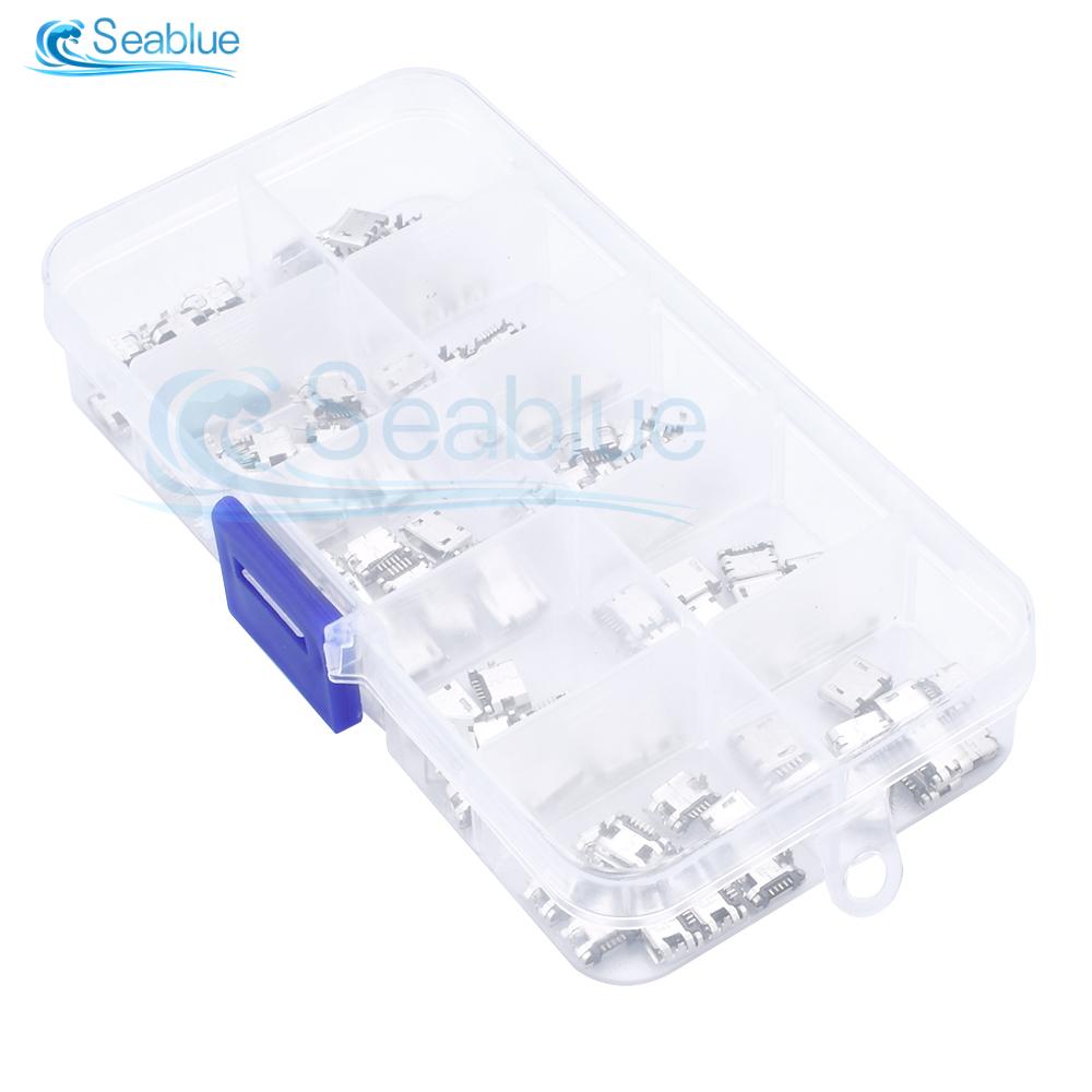 50/100PCS USB Connector Set All Copper Micro-USB 5 Pin Socket Jack 10 Models USB Socket Female Chassis Connector Wire Connectors