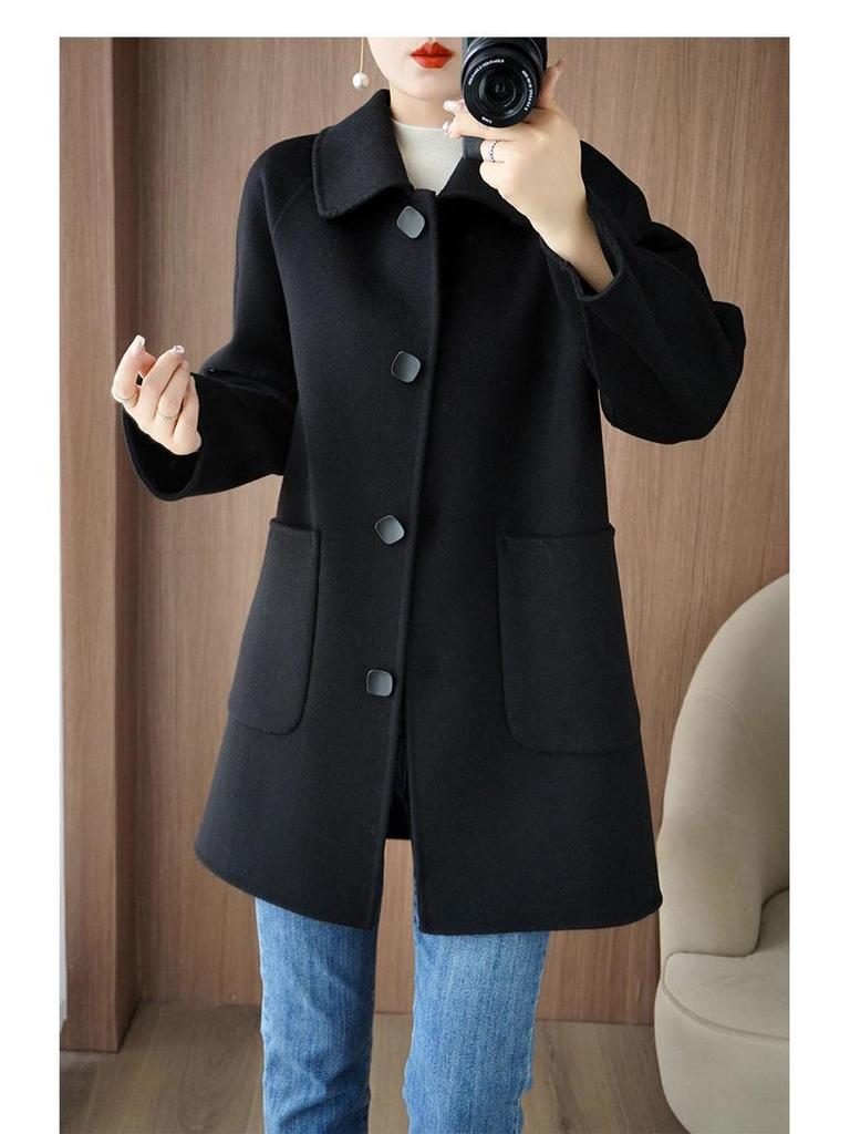 Dámský oboustranný vlněný kabát s límečkem Peter Pan - High-endový, zeštíhlující, volný střih zimní svrchní oděv pro drobnou eleganci