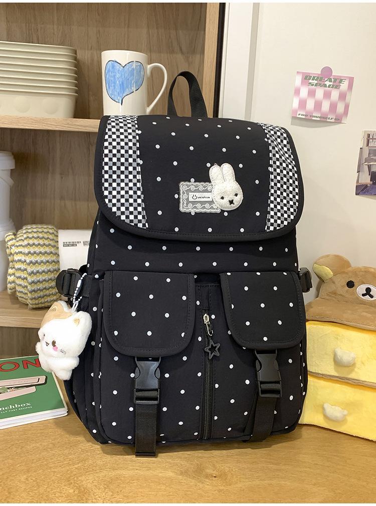 Schoolbag Korean Soft Cute Polka Dot Plaid Rabbit Backpack Cream Color Fresh College Style Junior High School Student Backpack