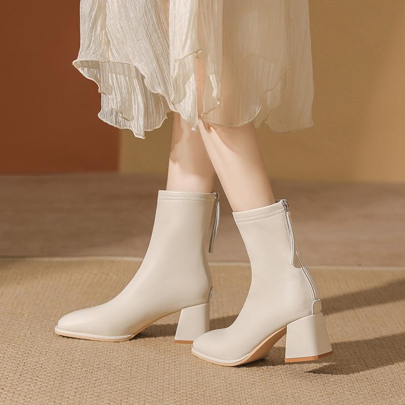 White short boots women's high heels 2025 autumn and winter new velvet square head thin boots medium thick heel short Martin boots