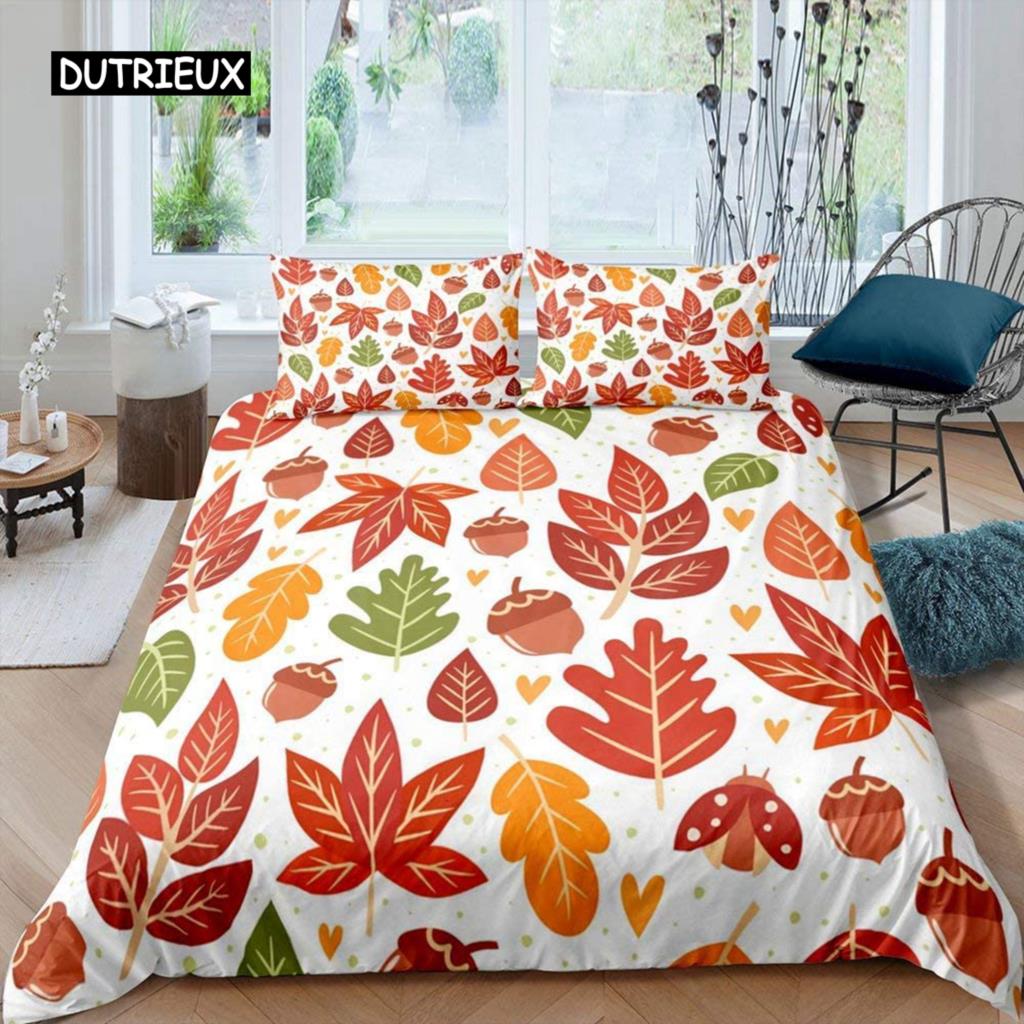 Maple Leaves Duvet Cover Set Colorful Autumn Season Maple Leaves In Unusual Designs Nature Print King Size 2/3pcs Bedding Set
