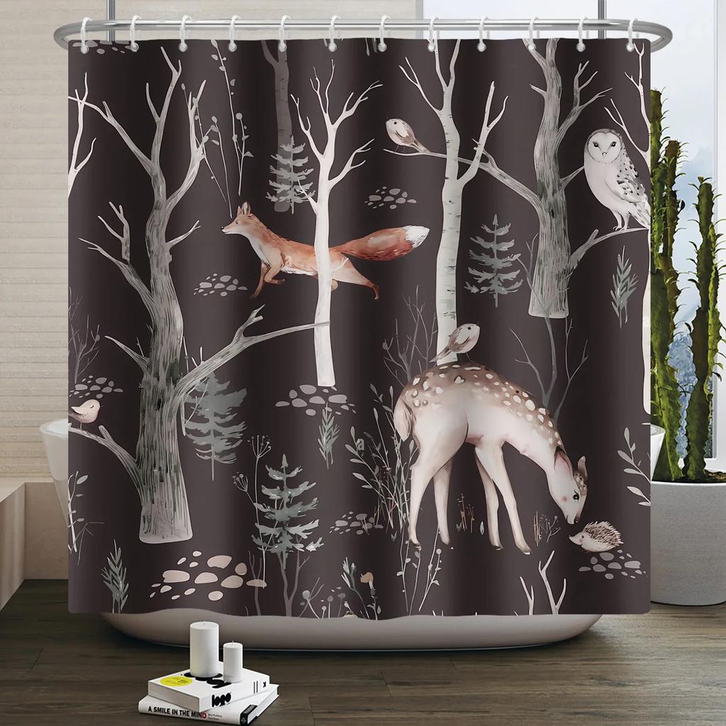 Forest Animals Shower Curtain jungle Trees Plant Wildlife Bird Bear Elk Fox Deer Modern Minimalist Kids Bathroom Shower Curtain