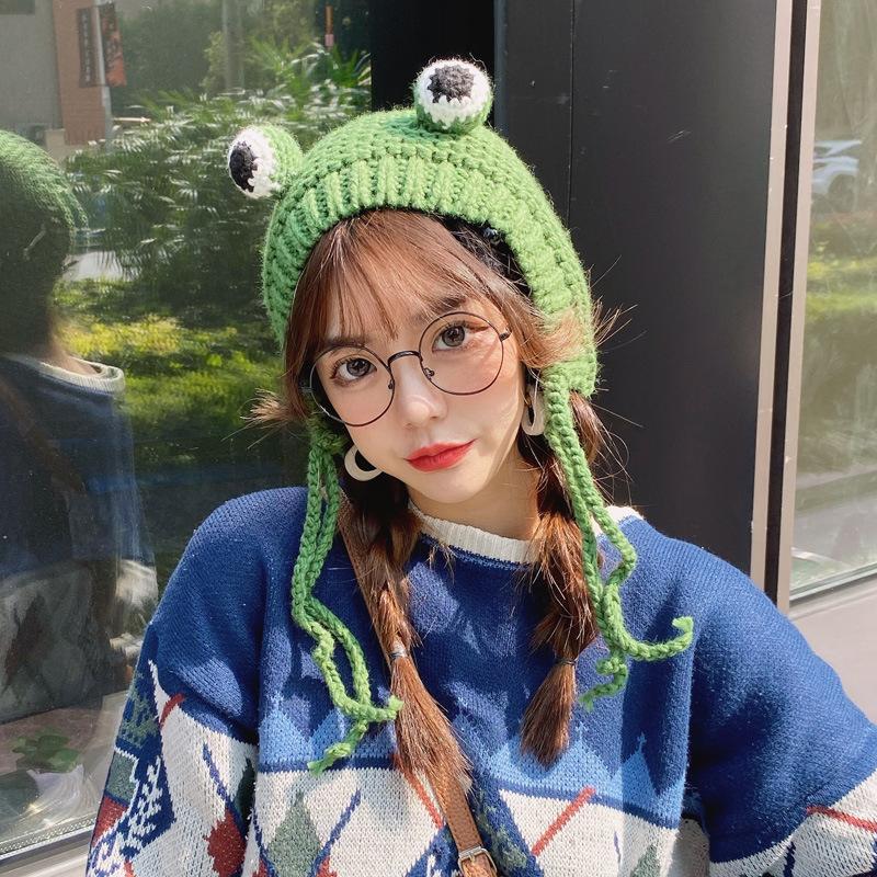 Frog knitted wool hat women's autumn and winter cute headgear knitted headgear green hat tide earmuffs keep warm