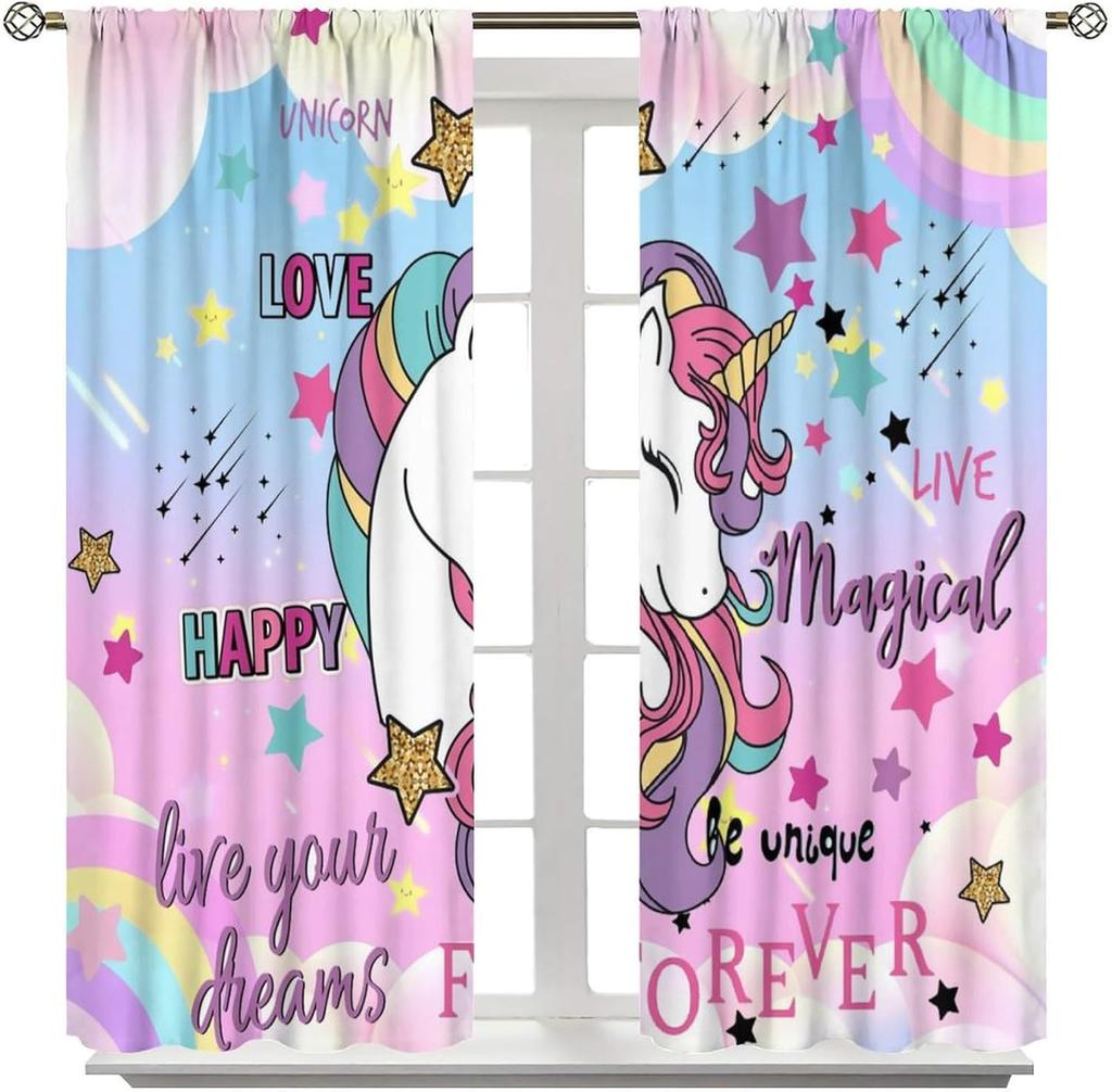 Unicorn Curtains Kids Room Colorful Cute Cartoon Rainbow Clouds Stars Print Window Treatments Drapes Curtain With Rod Pocket Polyester Perfect For