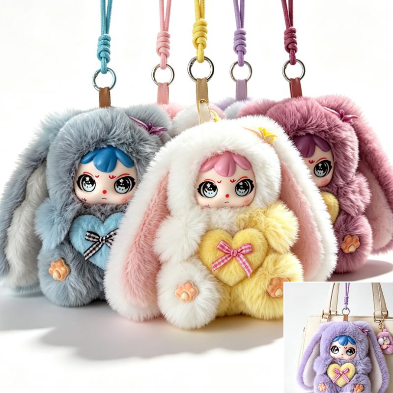 Cute Long Ear Bunny Plush Keychain Fluffy Sweet Rabbit Vinyl Doll Pendant Decor Backpack Hanging Charm Girls Kawaii Gift