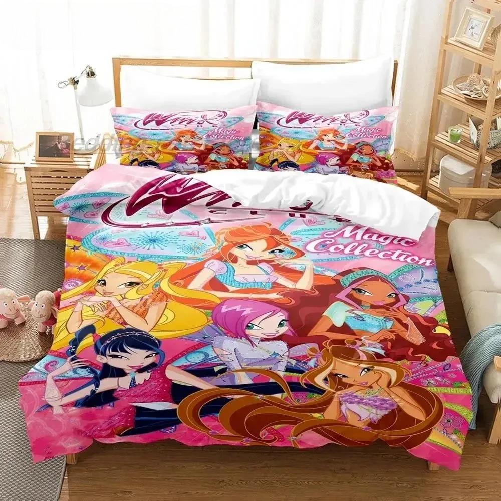 Anime W-Winx Club Bettbezug Kissenbezug Kindergeschenk Bettwäsche-Set für Erwachsene Jungen Mädchen Schlafzimmerdekoration Einzel Doppel Groß